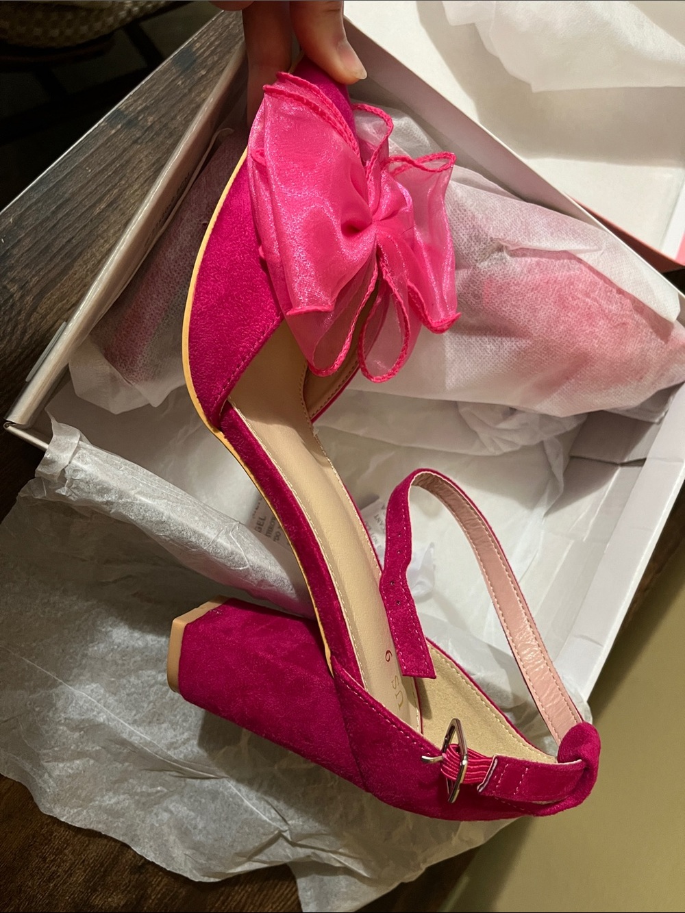 Pink Suede Heels with Bow